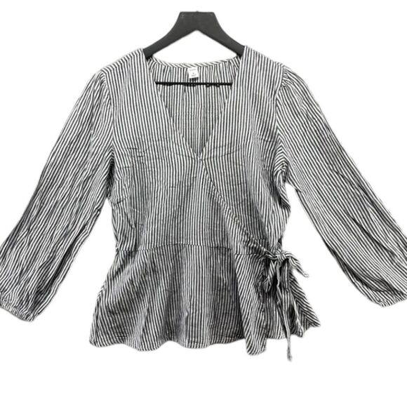 OLD NAVY White and Gray Pinstripe Long Sleeve V-Neck Blouse Tie Waist - Picture 2 of 7